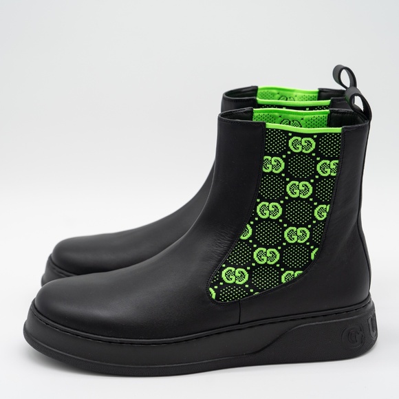 size 13G 13.5 us Gucci Chelsea GG Black Leather Pull On Boots Green - Picture 4 of 13